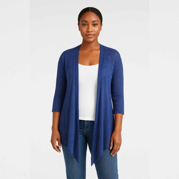 Eileen Fisher Linen Blue Purple Waterfall Open Front 3/4 Sleeve Cardigan Sweater - Picture 1 of 5